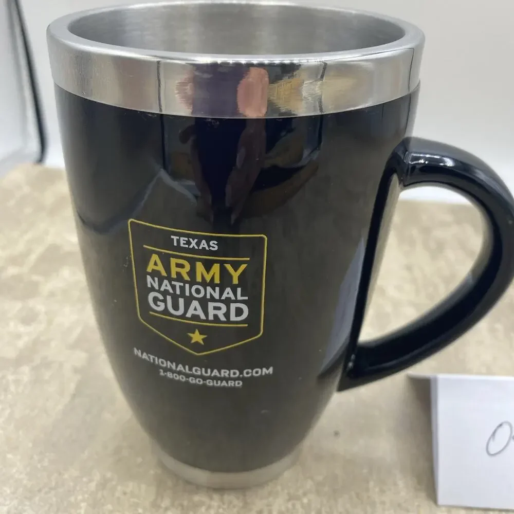 Stainless Steel 5.5” Tall Coffee Mug Texas Army National Guard Logo Black & Silv